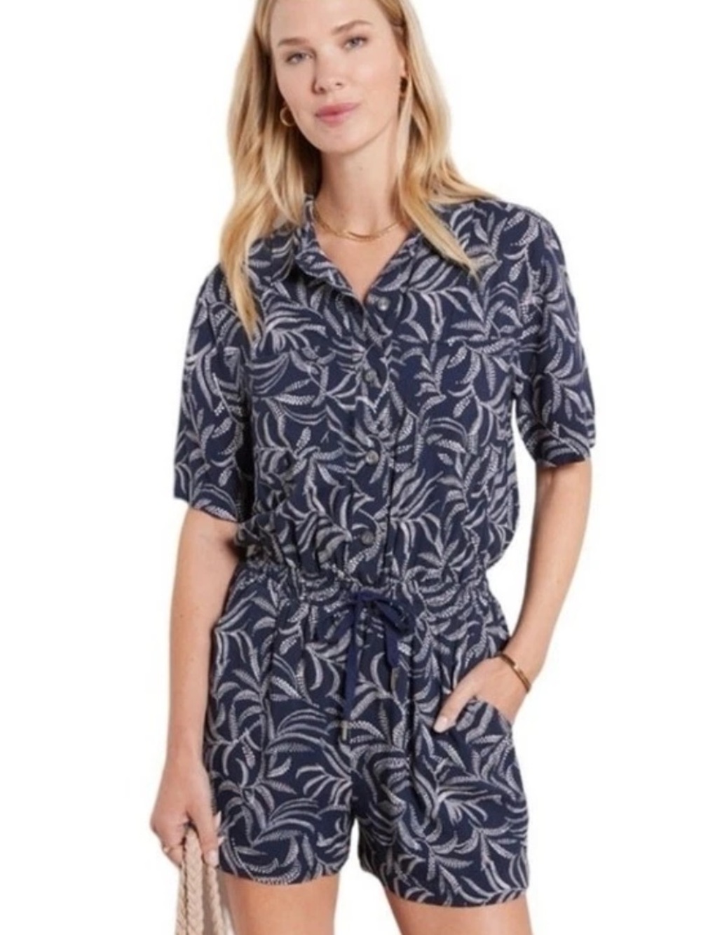 Evereve Ivy Navy Leaf Print Button Front Romper Womens L Boho Coastal Chic Vacay